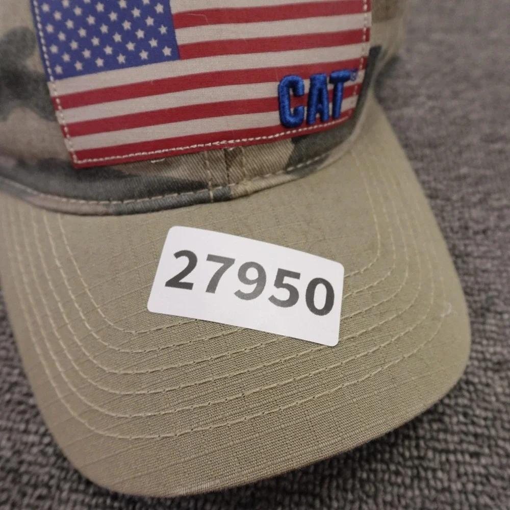 CAT Hat Cap Strap Back Mens One Size Beige Camo USA Flag Patriotic Baseball